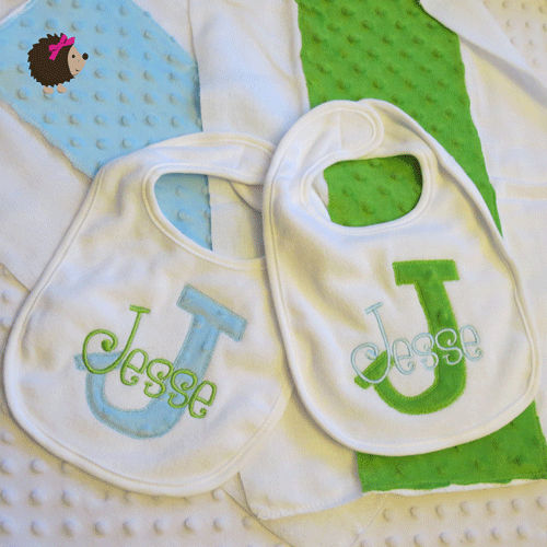 Set of 2 Bibs & 2 Minky Burp Cloths - Lime Green and Light Blue