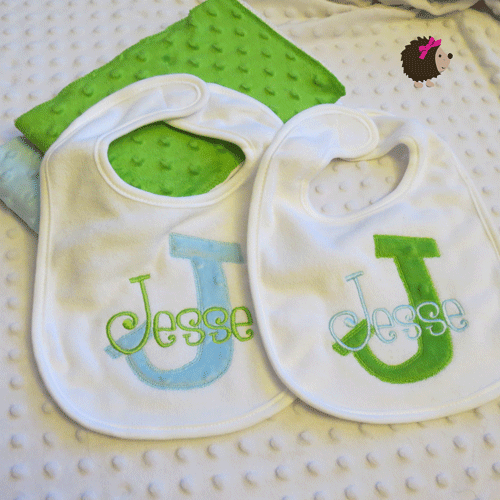 Set of 2 Bibs & 2 Minky Burp Cloths - Lime Green and Light Blue