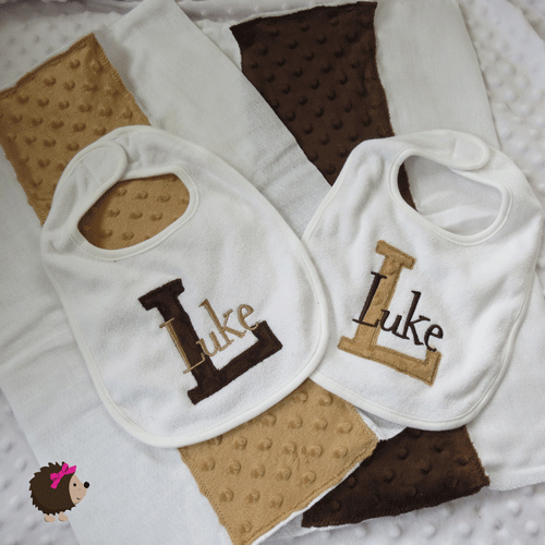 Set of 2 Bibs & 2 Minky Burp Cloths - Brown & Tan